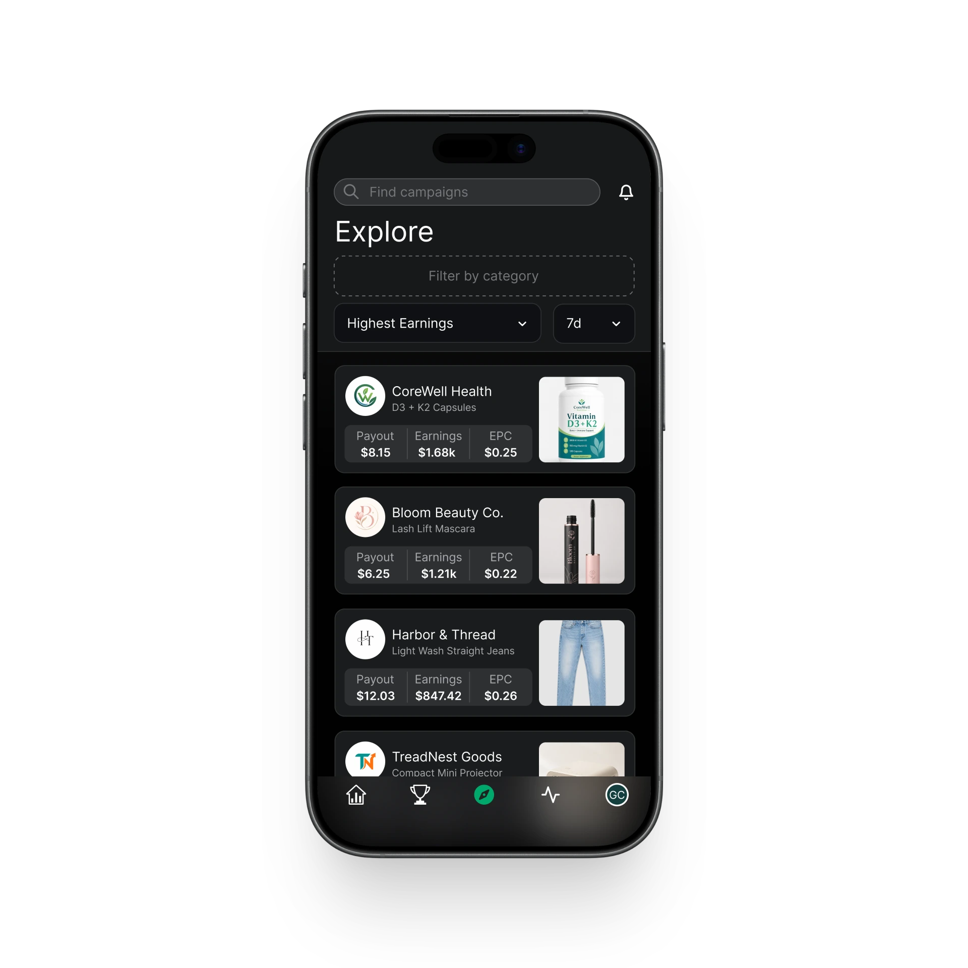 Browsing campaigns with live payout and conversion data in the Affily app